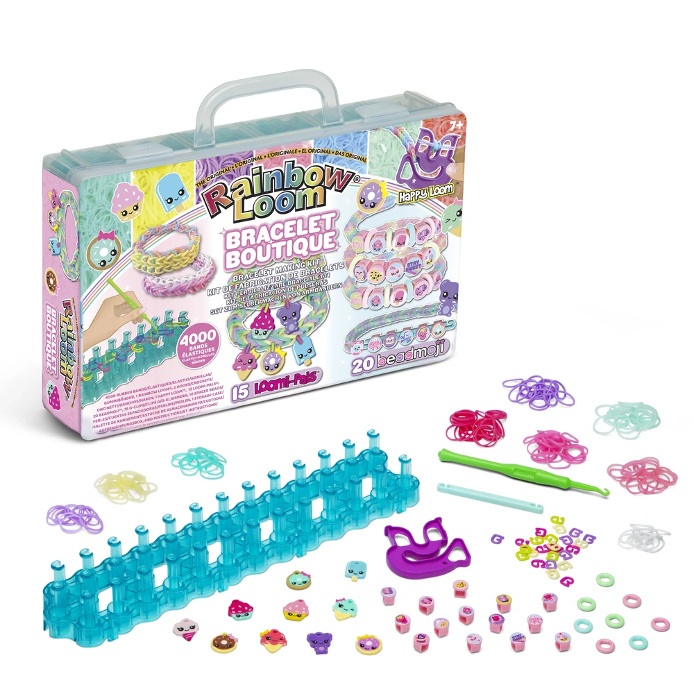 Rainbow Loom Boutique – Coffret Fabrication Automatique de Bracelets Élastiques - Loisir Créatif - Contient 4000 Élastiques, Crochets, Beadmojis, Charms