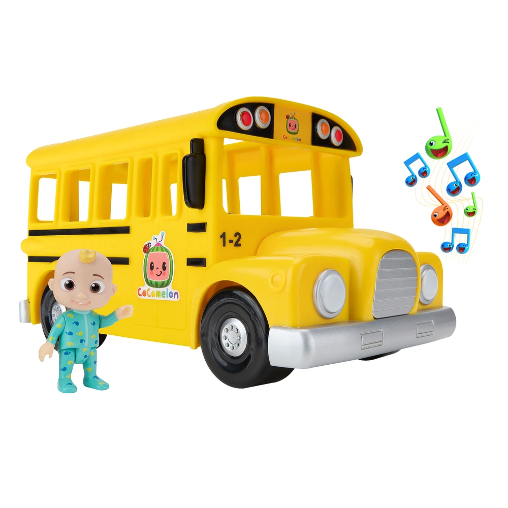 CoComelon - Bus scolaire musical jaune - véhicule qui joue la chanson "The wheels on the bus" et sa figurine JJ