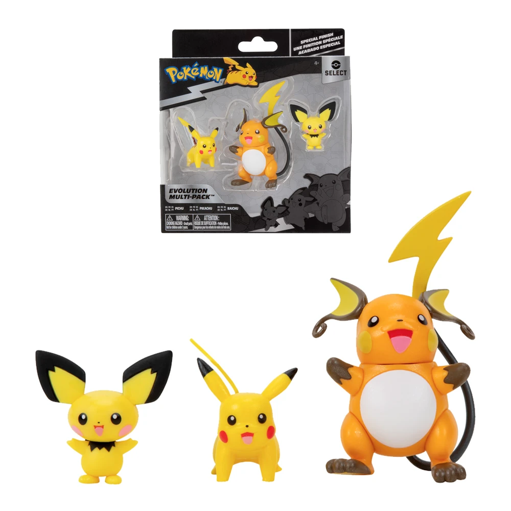 Pokémon - Pack évolution Pichu, Pikachu & Raichu - Figurine Pichu 5cm + Figurine Pikachu 8cm + Figurine Raichu 10cm