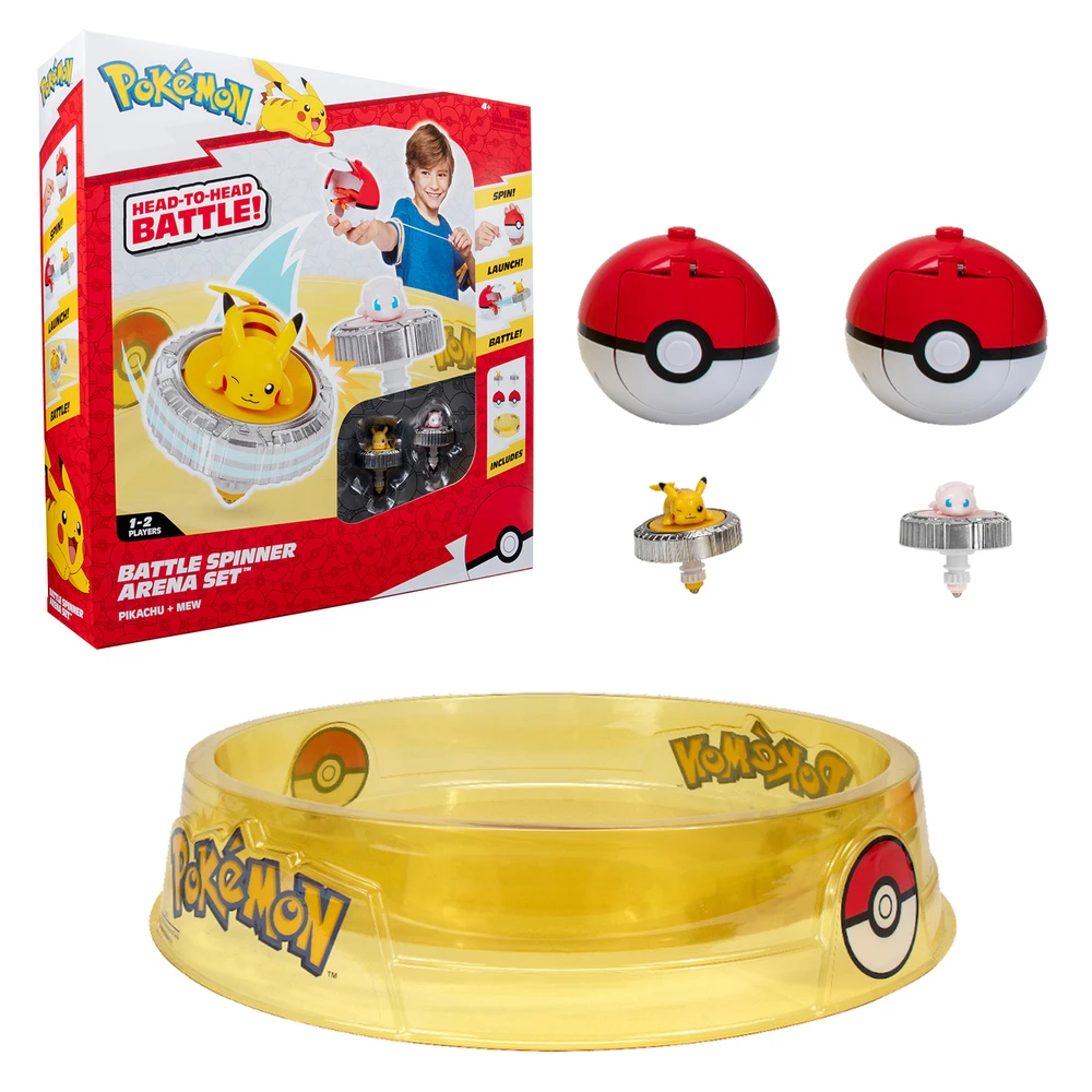 Pokémon - Pack Arène + 2 Spinners inclus - Arène Pokémon + 2 Lanceurs Pokéball + 2 Toupies Pikachu et Mew