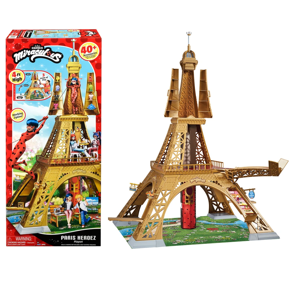 Miraculous - Playset Deluxe Paris - Grande Aire de jeu Monument 1,20m - Tour avec +40 Accessoires, Étages, Magasins, Tyrolienne