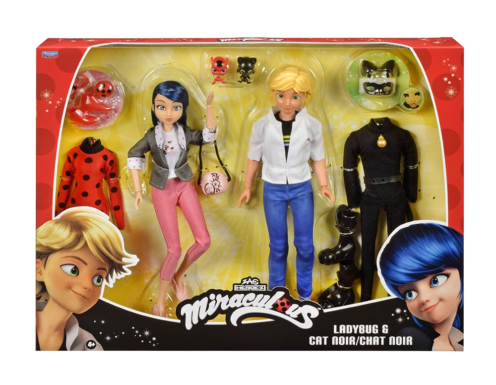 Miraculous - Pack 2 Poupées Marinette et Adrien avec 2 tenues Ladybug Chat Noir, accessoires