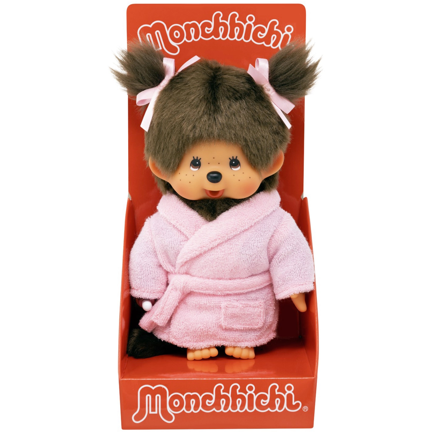 Bandai - Monchhichi - Peluche Monchhichi Peignoir - Peluche singe iconique des années 80 - Peluches toutes douces 20 cm pour enfants et adultes - Peignoire Rose - Jouet Enfant 2 ans et + - SE203802
