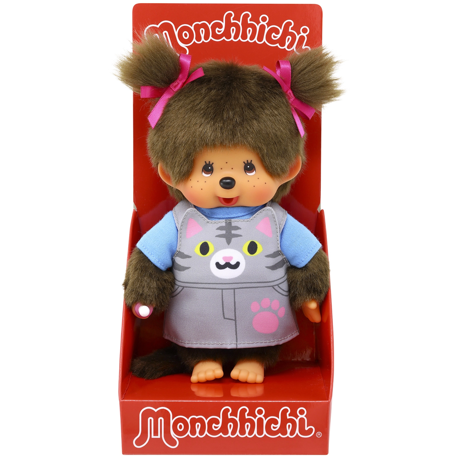 Bandai - Monchhichi - Peluche Monchhichi Salopette Chat - Peluche singe iconique des années 80 - Peluches toutes douces 20 cm pour enfants et adultes - Motif Chat - Jouet Enfant 2 ans et + - SE203895