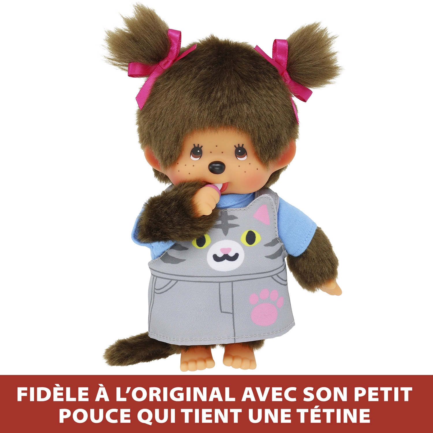 Bandai - Monchhichi - Peluche Monchhichi Salopette Chat - Peluche singe iconique des années 80 - Peluches toutes douces 20 cm pour enfants et adultes - Motif Chat - Jouet Enfant 2 ans et + - SE203895 – Image 3