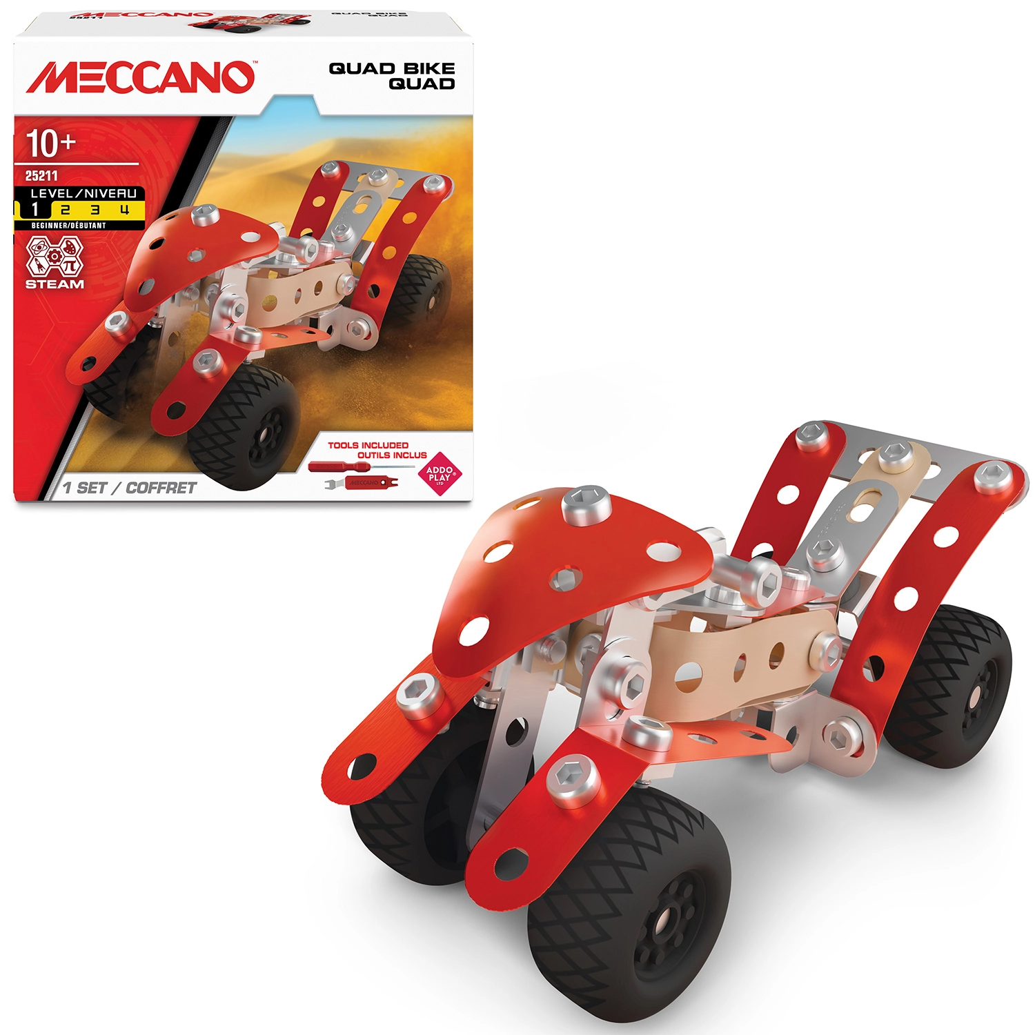 Bandai - Meccano Quad Bike - Coffret de Construction - 85 pièces, vrais outils, notice de montage - Kit Activité assemblage voiture quad - Niveau Débutant - Jouet Enfant 10 ans et + - APM11114
